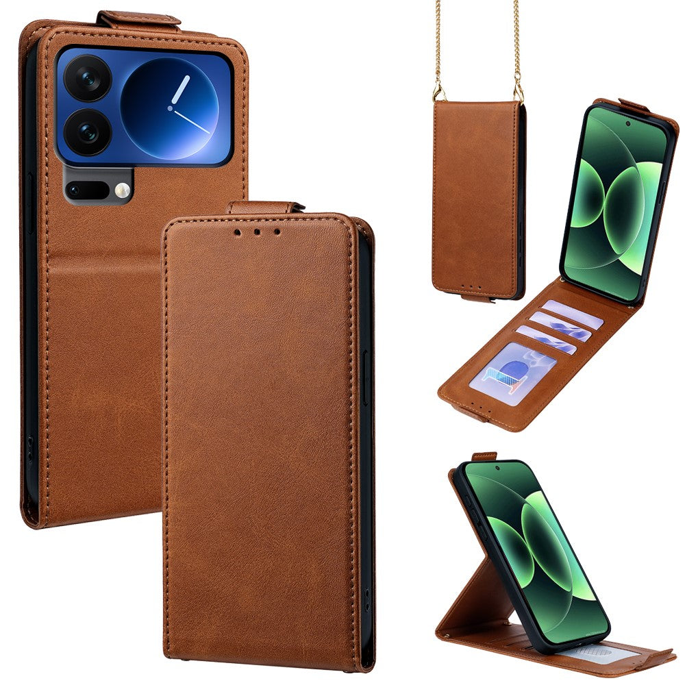 For Xiaomi 17 Pro Max Case Card Holder Vertical Flip Leather Phone Cover with Crossbody Shoulder Strap - Brown
