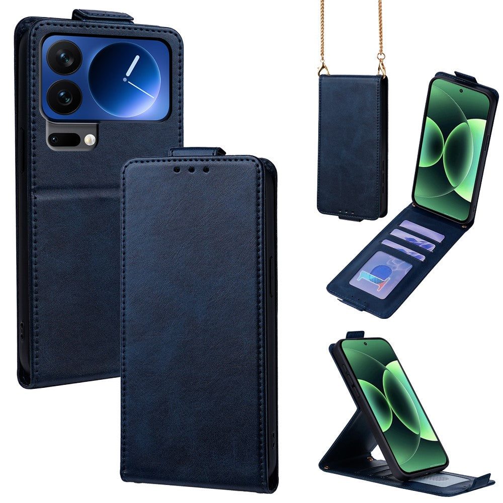 For Xiaomi 17 Pro Max Case Card Holder Vertical Flip Leather Phone Cover with Crossbody Shoulder Strap - Blue