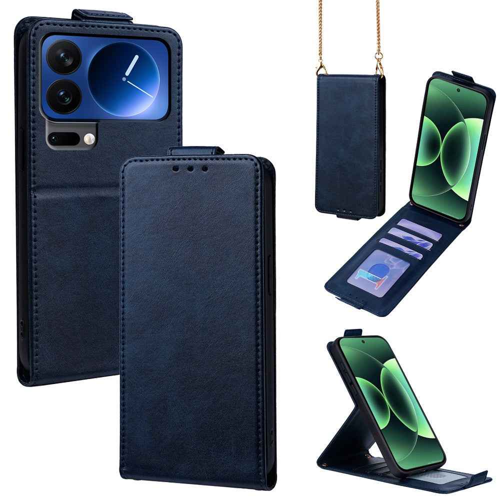 For Xiaomi 17 Pro Case Card Holder Vertical Flip Leather Phone Cover with Crossbody Shoulder Strap - Blue
