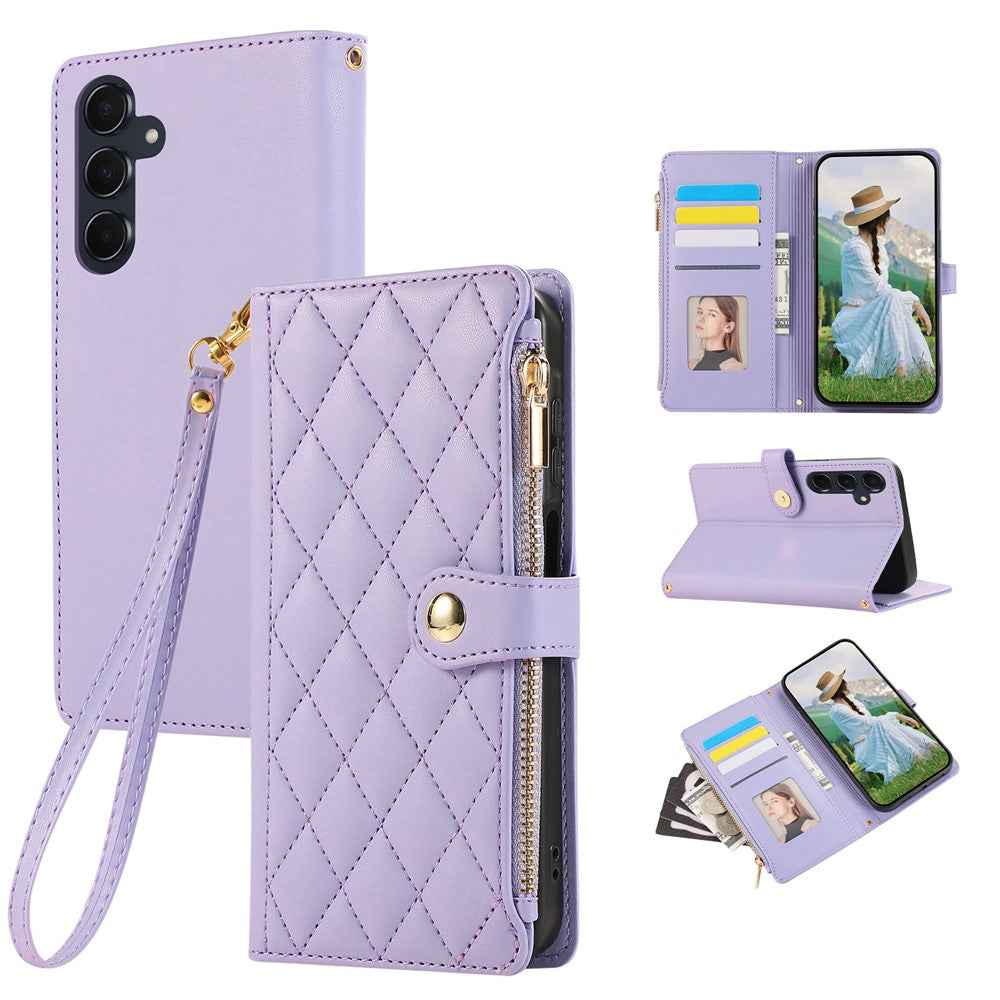 For Samsung Galaxy A57 5G Case Multi Card Slots Zipper Rhombus Leather Phone Cover with Wrist Strap - Purple