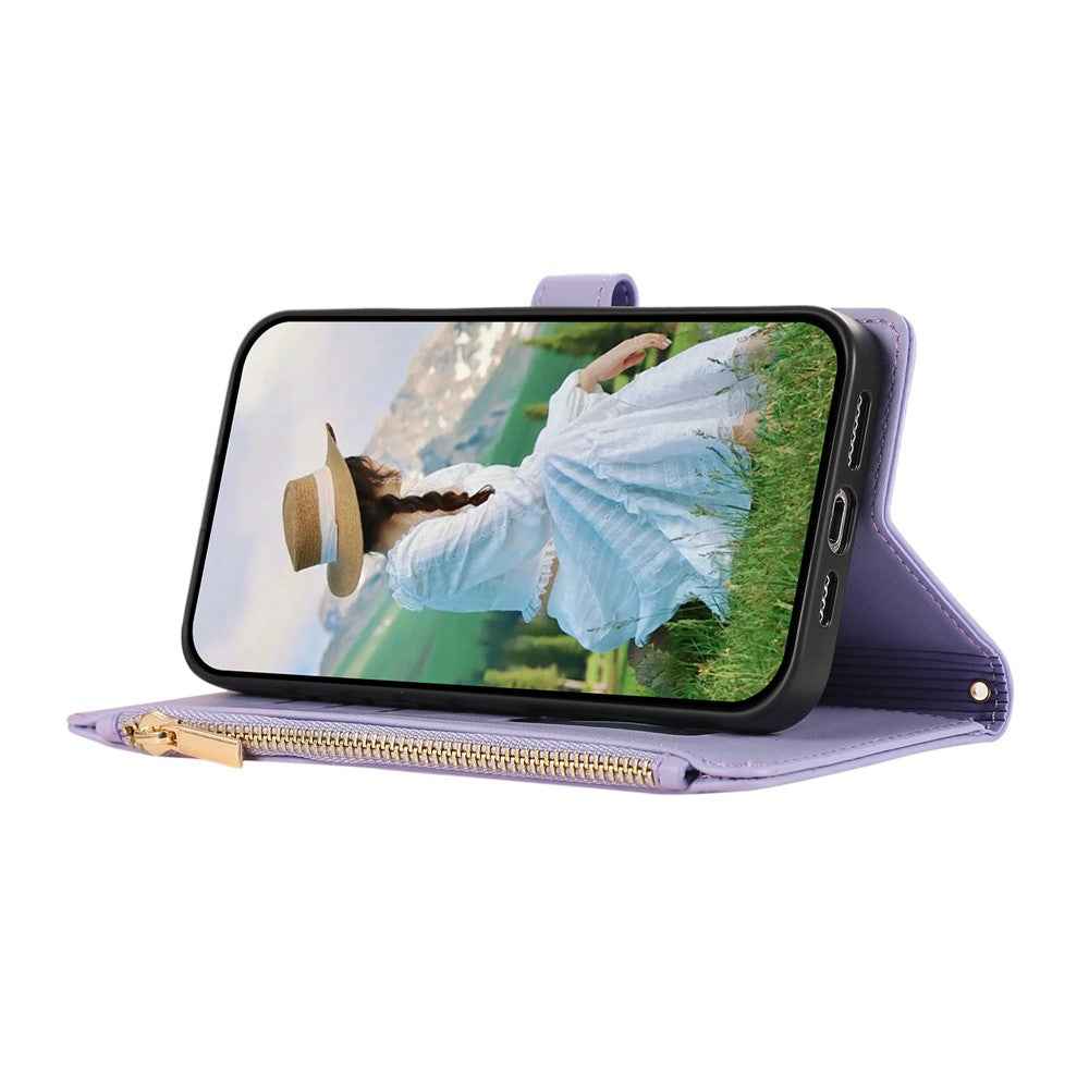 For Samsung Galaxy A57 5G Case Multi Card Slots Zipper Rhombus Leather Phone Cover with Wrist Strap - Purple