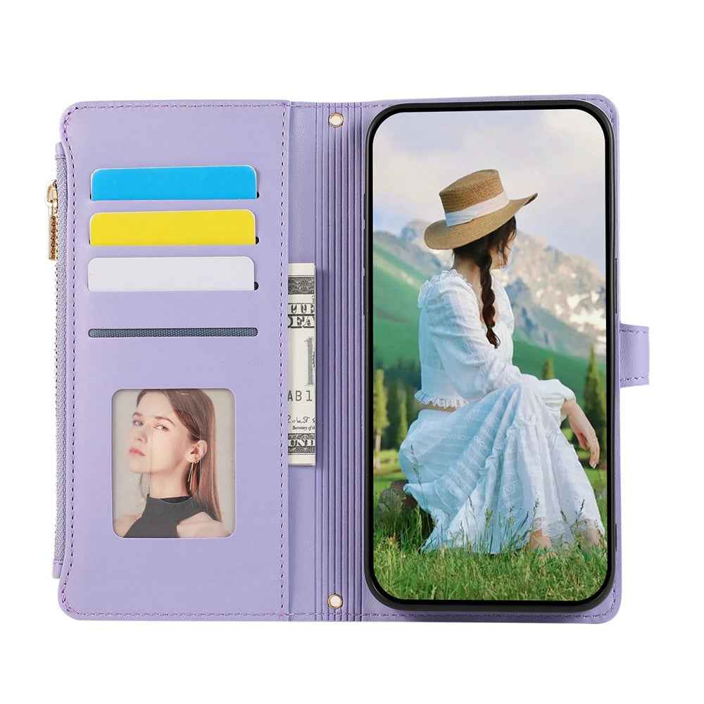 For Samsung Galaxy A57 5G Case Multi Card Slots Zipper Rhombus Leather Phone Cover with Wrist Strap - Purple