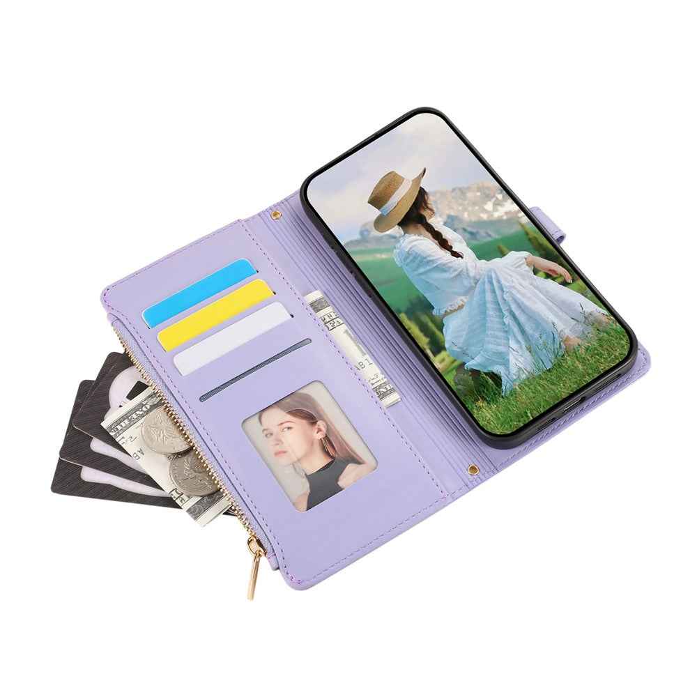 For Samsung Galaxy A57 5G Case Multi Card Slots Zipper Rhombus Leather Phone Cover with Wrist Strap - Purple