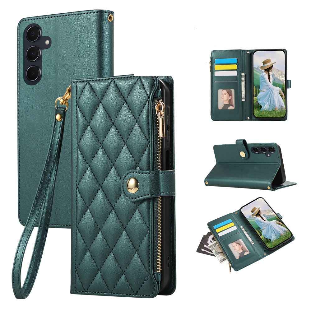 For Samsung Galaxy A57 5G Case Multi Card Slots Zipper Rhombus Leather Phone Cover with Wrist Strap - Green