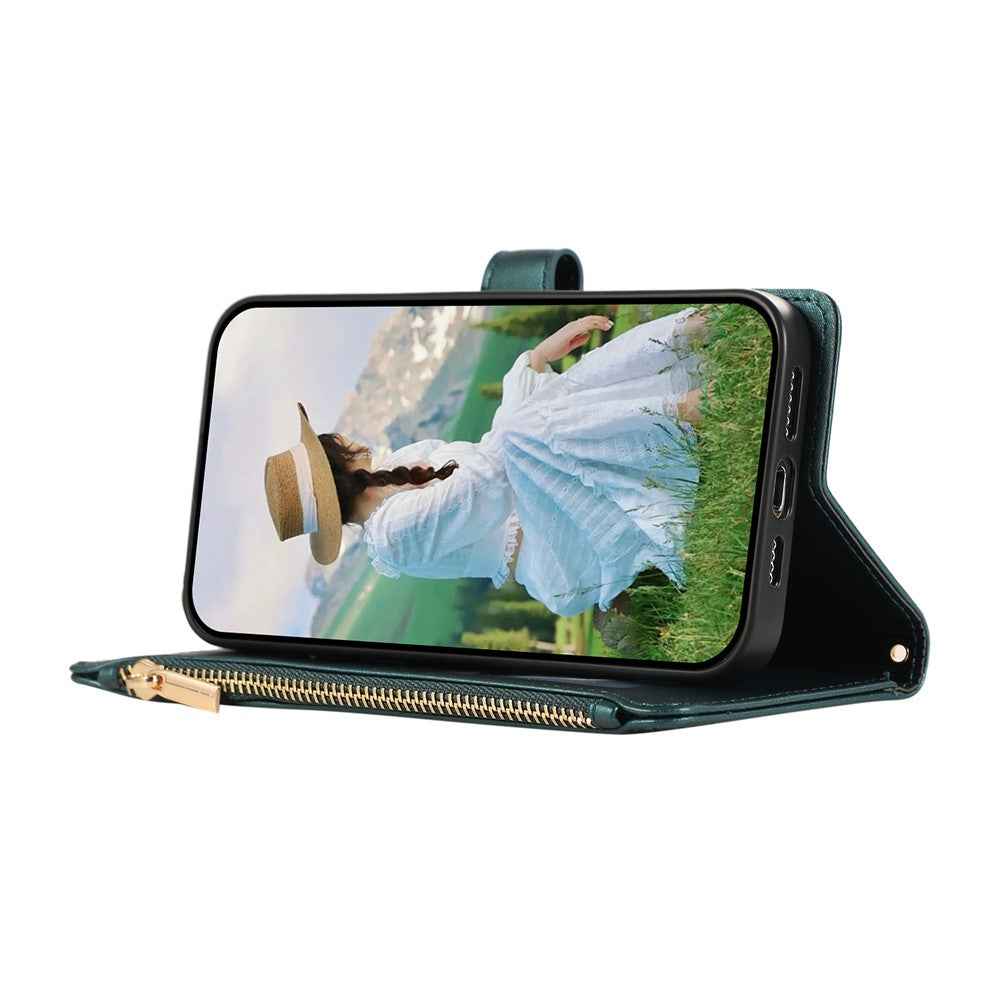 For Samsung Galaxy A57 5G Case Multi Card Slots Zipper Rhombus Leather Phone Cover with Wrist Strap - Green