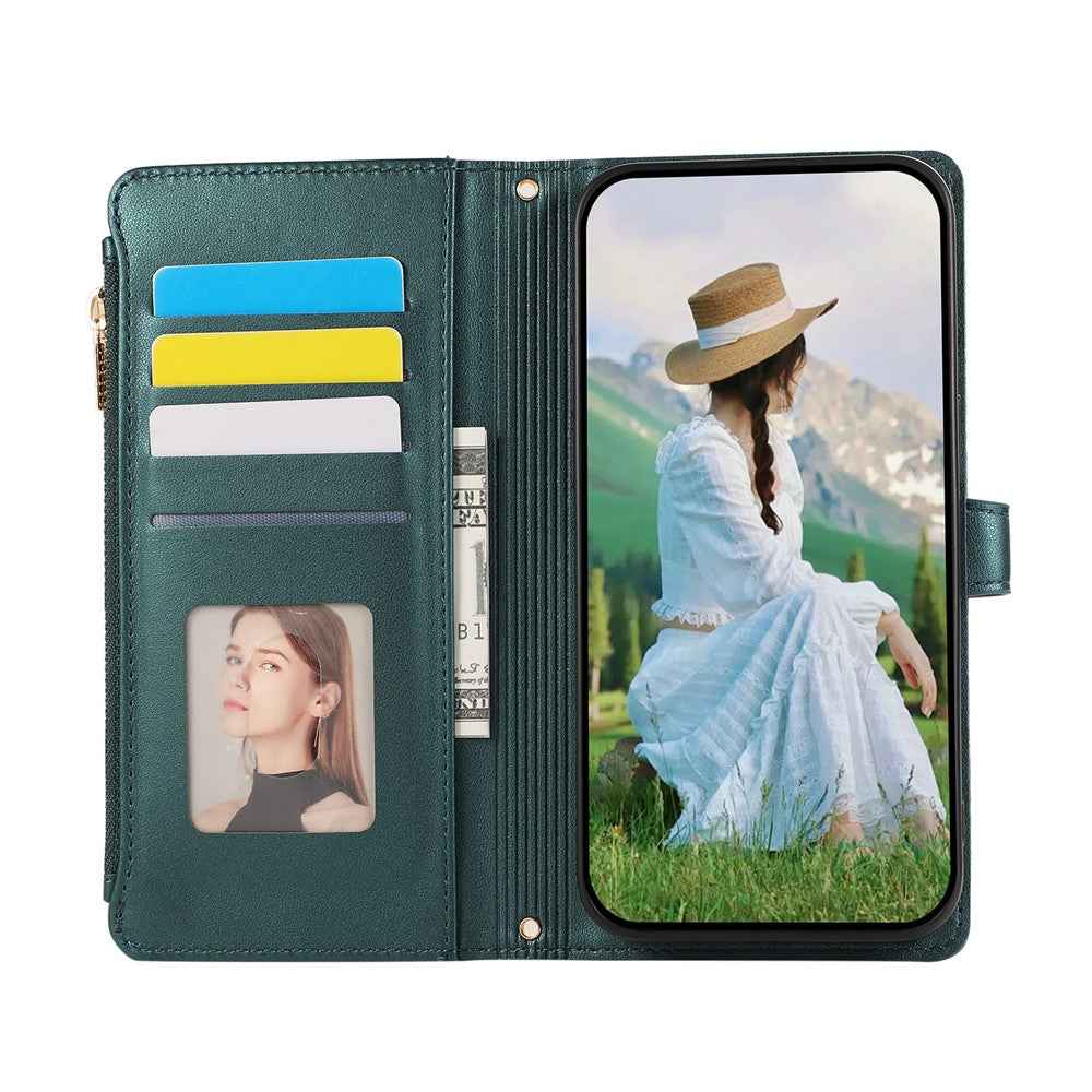 For Samsung Galaxy A57 5G Case Multi Card Slots Zipper Rhombus Leather Phone Cover with Wrist Strap - Green