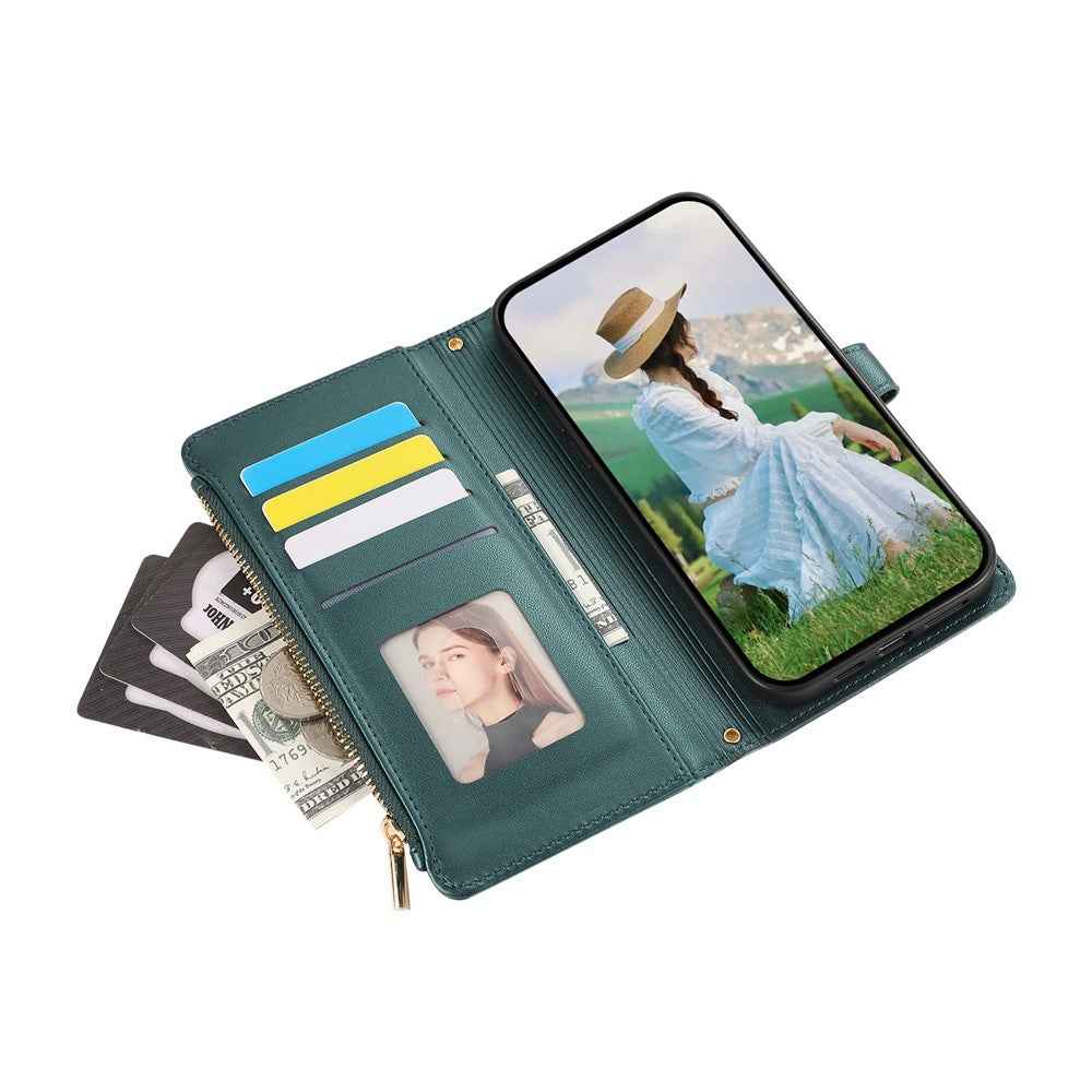 For Samsung Galaxy A57 5G Case Multi Card Slots Zipper Rhombus Leather Phone Cover with Wrist Strap - Green