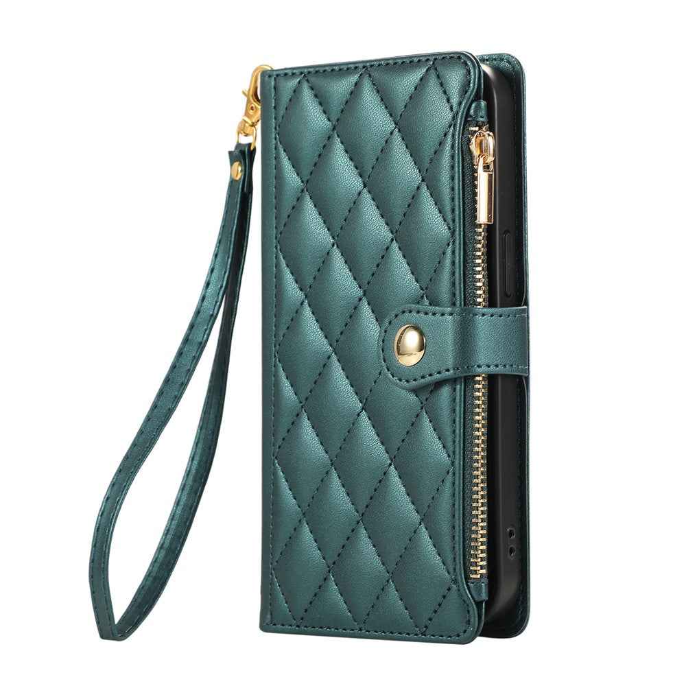 For Samsung Galaxy A57 5G Case Multi Card Slots Zipper Rhombus Leather Phone Cover with Wrist Strap - Green