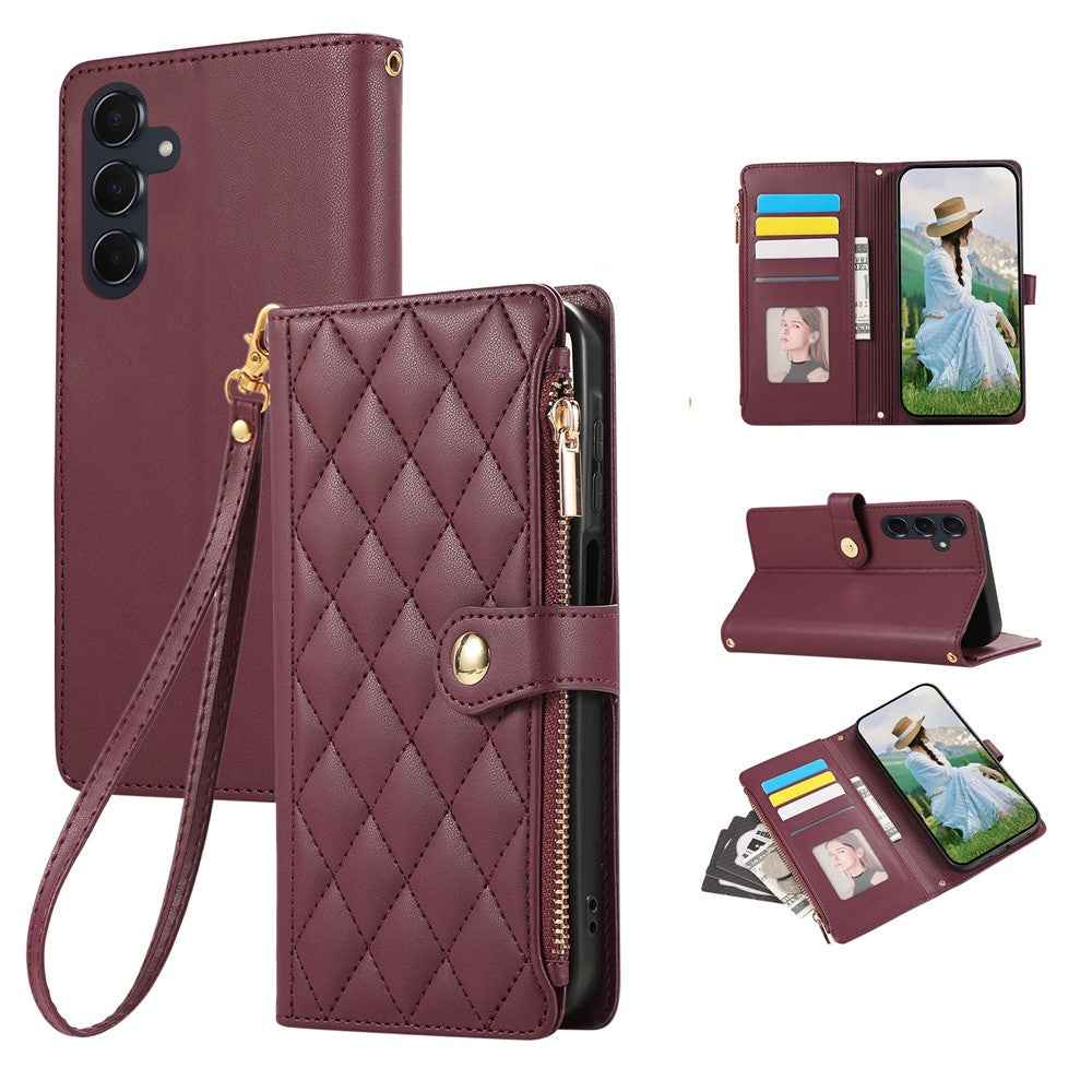 For Samsung Galaxy A57 5G Case Multi Card Slots Zipper Rhombus Leather Phone Cover with Wrist Strap - Wine Red