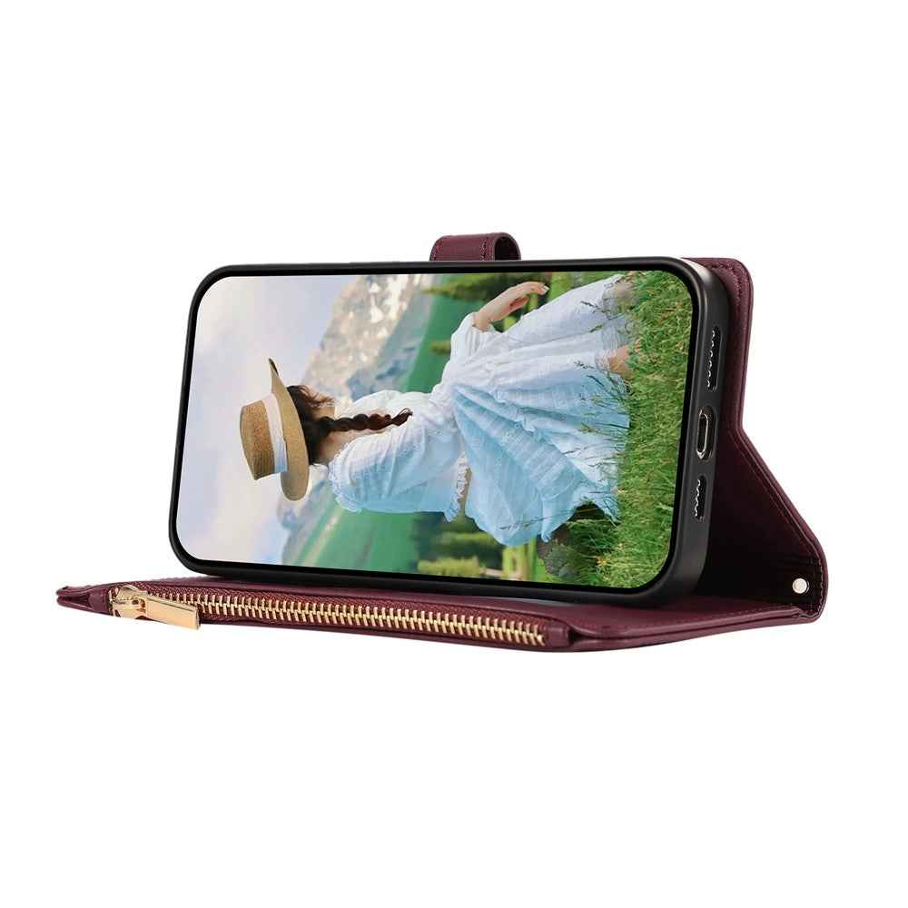 For Samsung Galaxy A57 5G Case Multi Card Slots Zipper Rhombus Leather Phone Cover with Wrist Strap - Wine Red