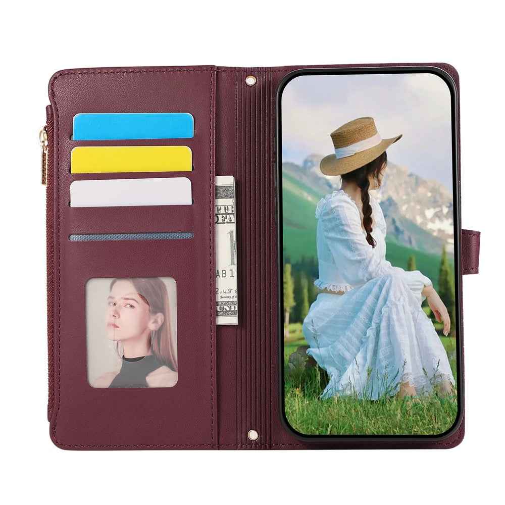 For Samsung Galaxy A57 5G Case Multi Card Slots Zipper Rhombus Leather Phone Cover with Wrist Strap - Wine Red
