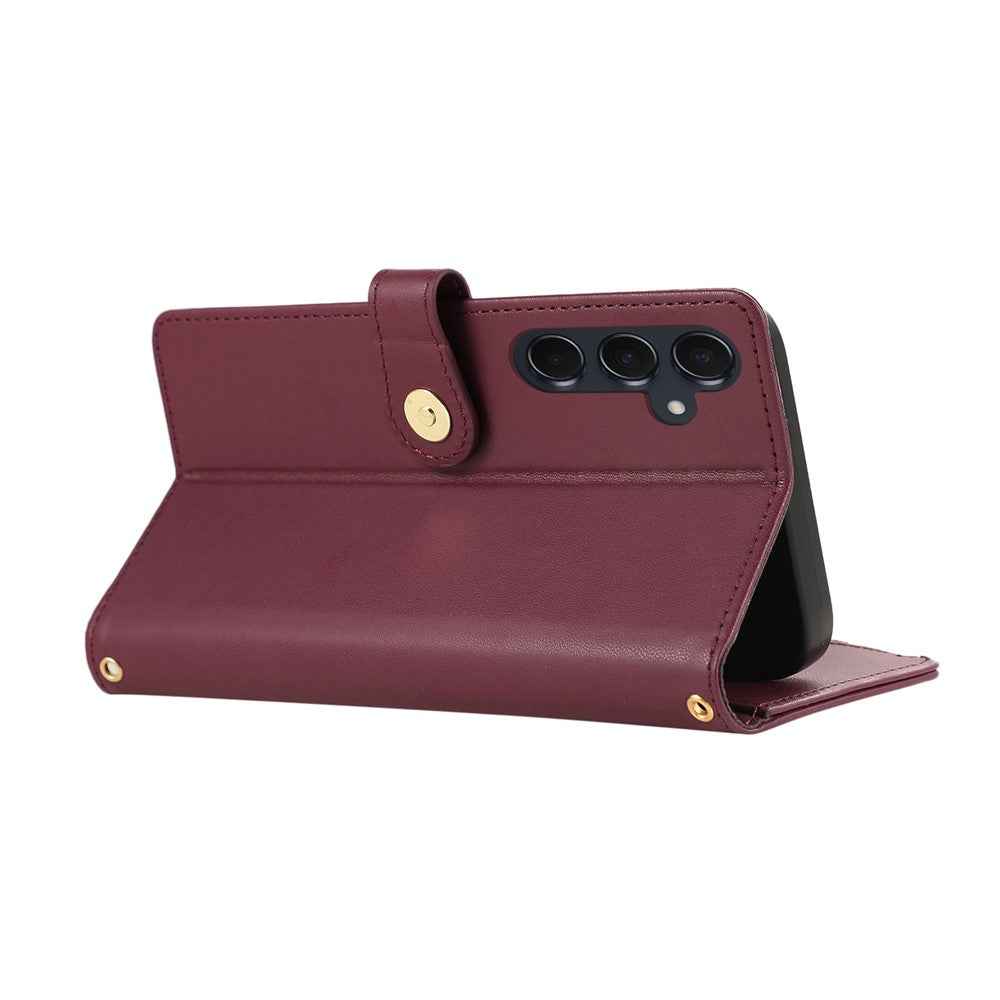 For Samsung Galaxy A57 5G Case Multi Card Slots Zipper Rhombus Leather Phone Cover with Wrist Strap - Wine Red