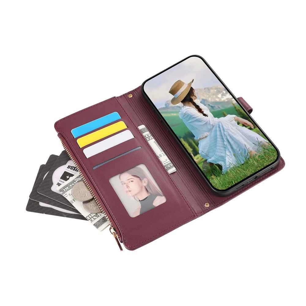 For Samsung Galaxy A57 5G Case Multi Card Slots Zipper Rhombus Leather Phone Cover with Wrist Strap - Wine Red