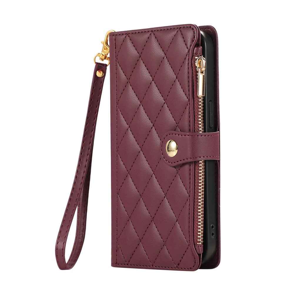 For Samsung Galaxy A57 5G Case Multi Card Slots Zipper Rhombus Leather Phone Cover with Wrist Strap - Wine Red