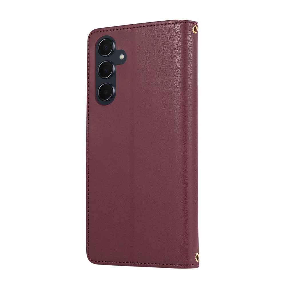 For Samsung Galaxy A57 5G Case Multi Card Slots Zipper Rhombus Leather Phone Cover with Wrist Strap - Wine Red