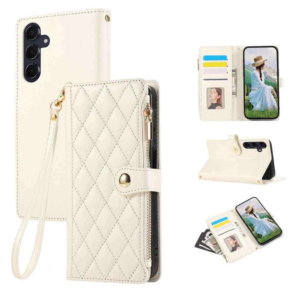 For Samsung Galaxy A57 5G Case Multi Card Slots Zipper Rhombus Leather Phone Cover with Wrist Strap - Beige