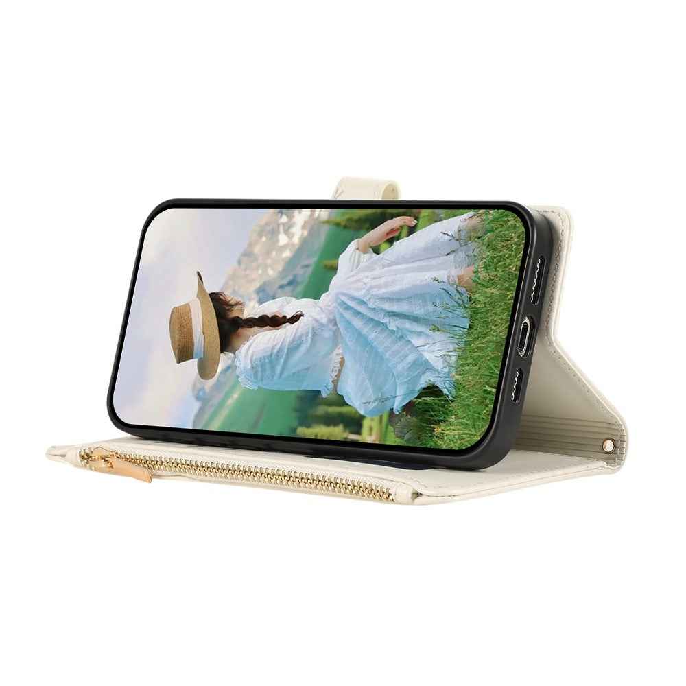 For Samsung Galaxy A57 5G Case Multi Card Slots Zipper Rhombus Leather Phone Cover with Wrist Strap - Beige
