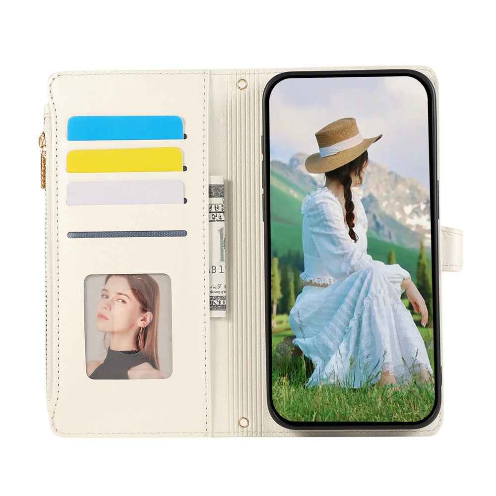 For Samsung Galaxy A57 5G Case Multi Card Slots Zipper Rhombus Leather Phone Cover with Wrist Strap - Beige