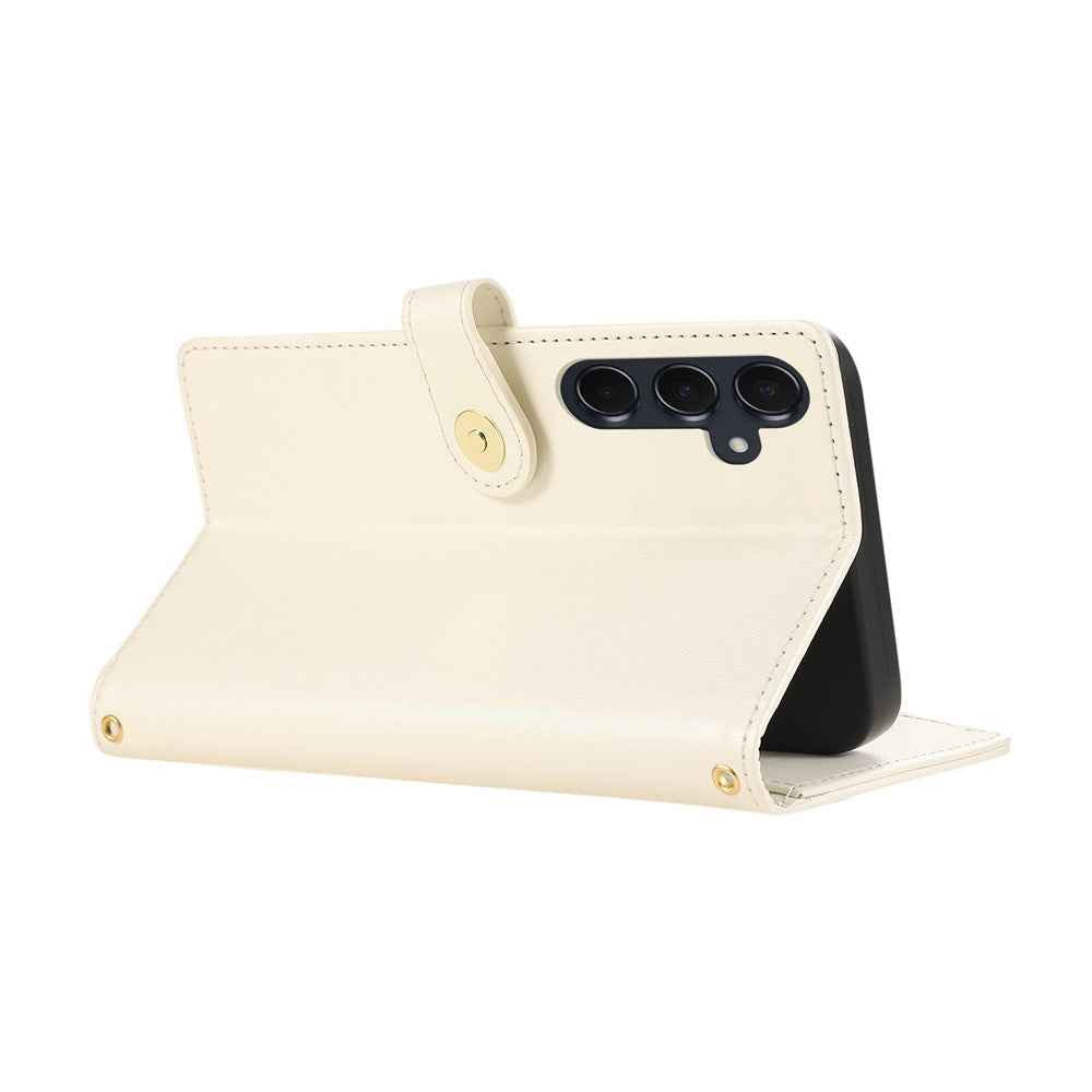 For Samsung Galaxy A57 5G Case Multi Card Slots Zipper Rhombus Leather Phone Cover with Wrist Strap - Beige