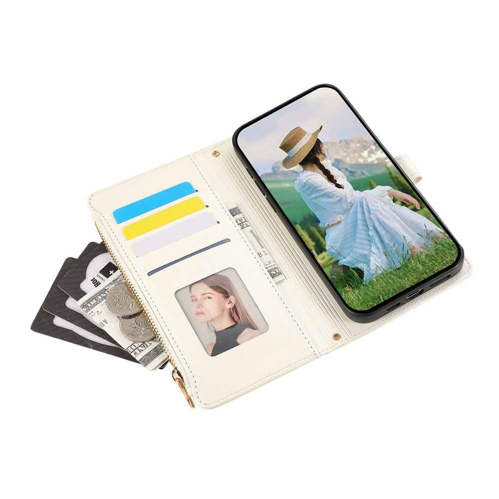 For Samsung Galaxy A57 5G Case Multi Card Slots Zipper Rhombus Leather Phone Cover with Wrist Strap - Beige