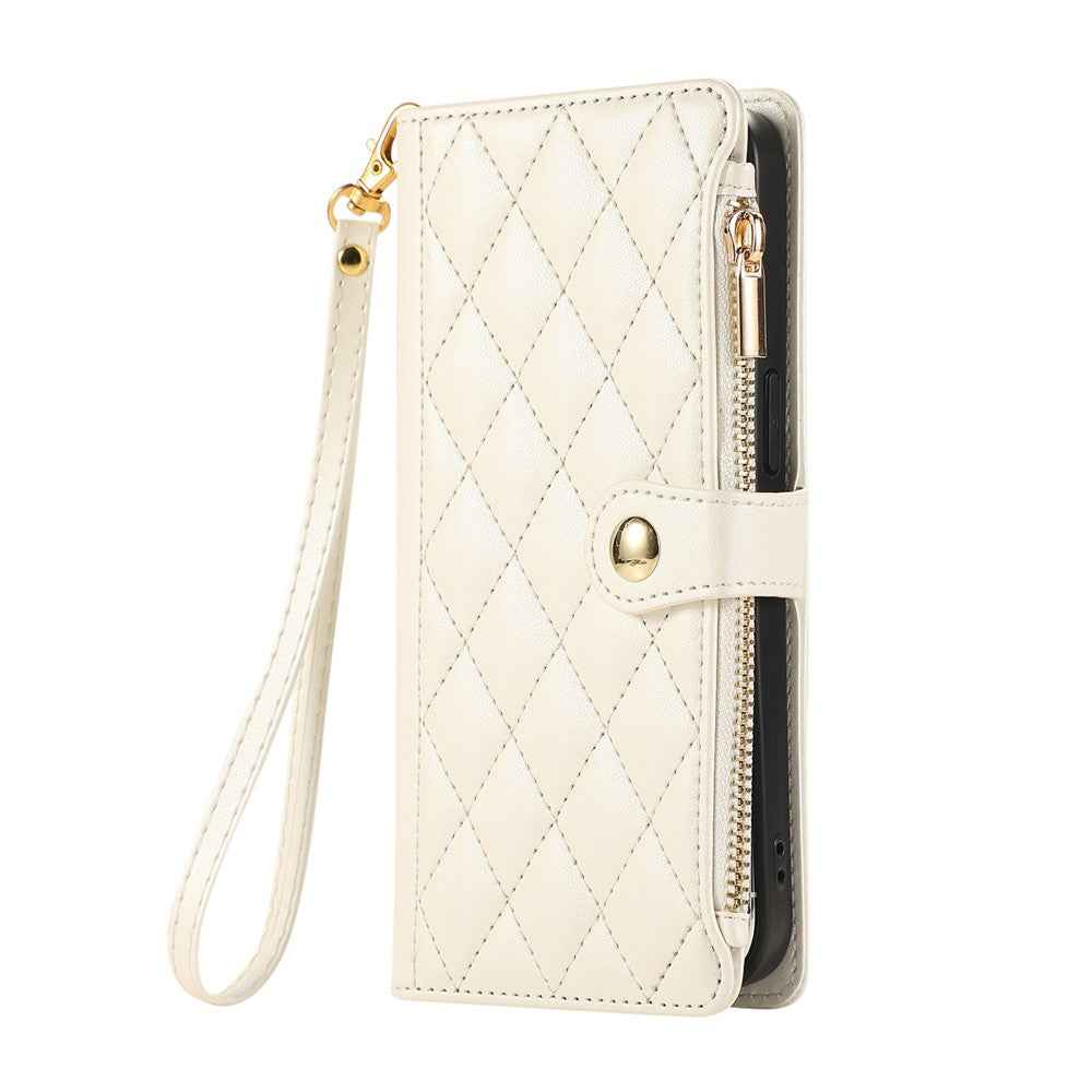 For Samsung Galaxy A57 5G Case Multi Card Slots Zipper Rhombus Leather Phone Cover with Wrist Strap - Beige