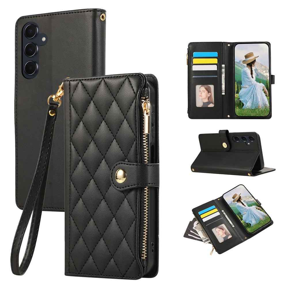 For Samsung Galaxy A57 5G Case Multi Card Slots Zipper Rhombus Leather Phone Cover with Wrist Strap - Black