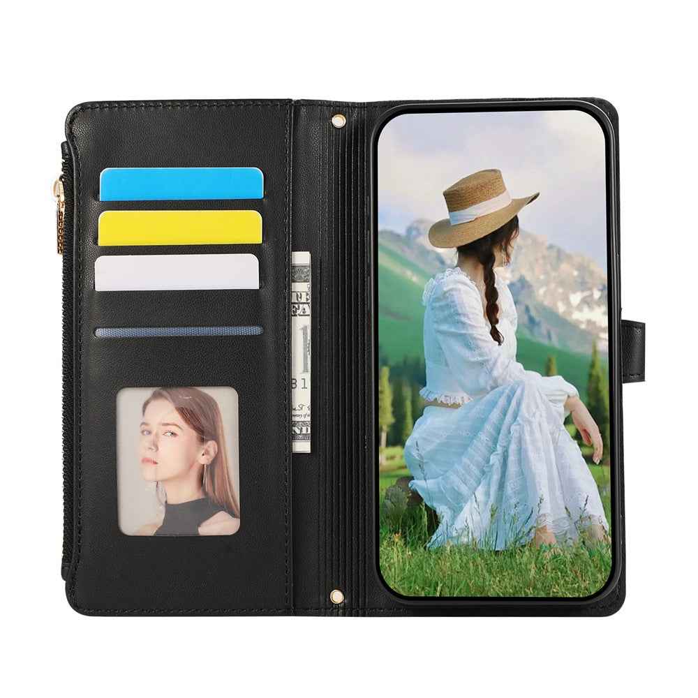 For Samsung Galaxy A57 5G Case Multi Card Slots Zipper Rhombus Leather Phone Cover with Wrist Strap - Black