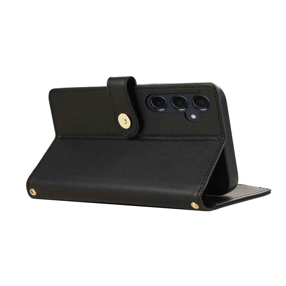 For Samsung Galaxy A57 5G Case Multi Card Slots Zipper Rhombus Leather Phone Cover with Wrist Strap - Black