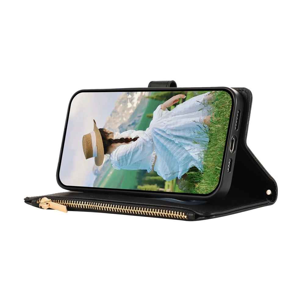 For Samsung Galaxy A57 5G Case Multi Card Slots Zipper Rhombus Leather Phone Cover with Wrist Strap - Black
