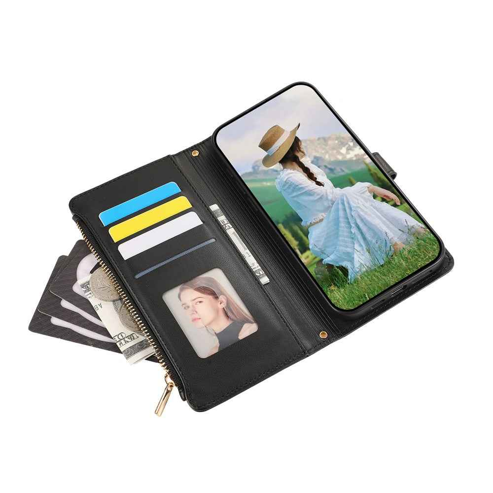 For Samsung Galaxy A57 5G Case Multi Card Slots Zipper Rhombus Leather Phone Cover with Wrist Strap - Black