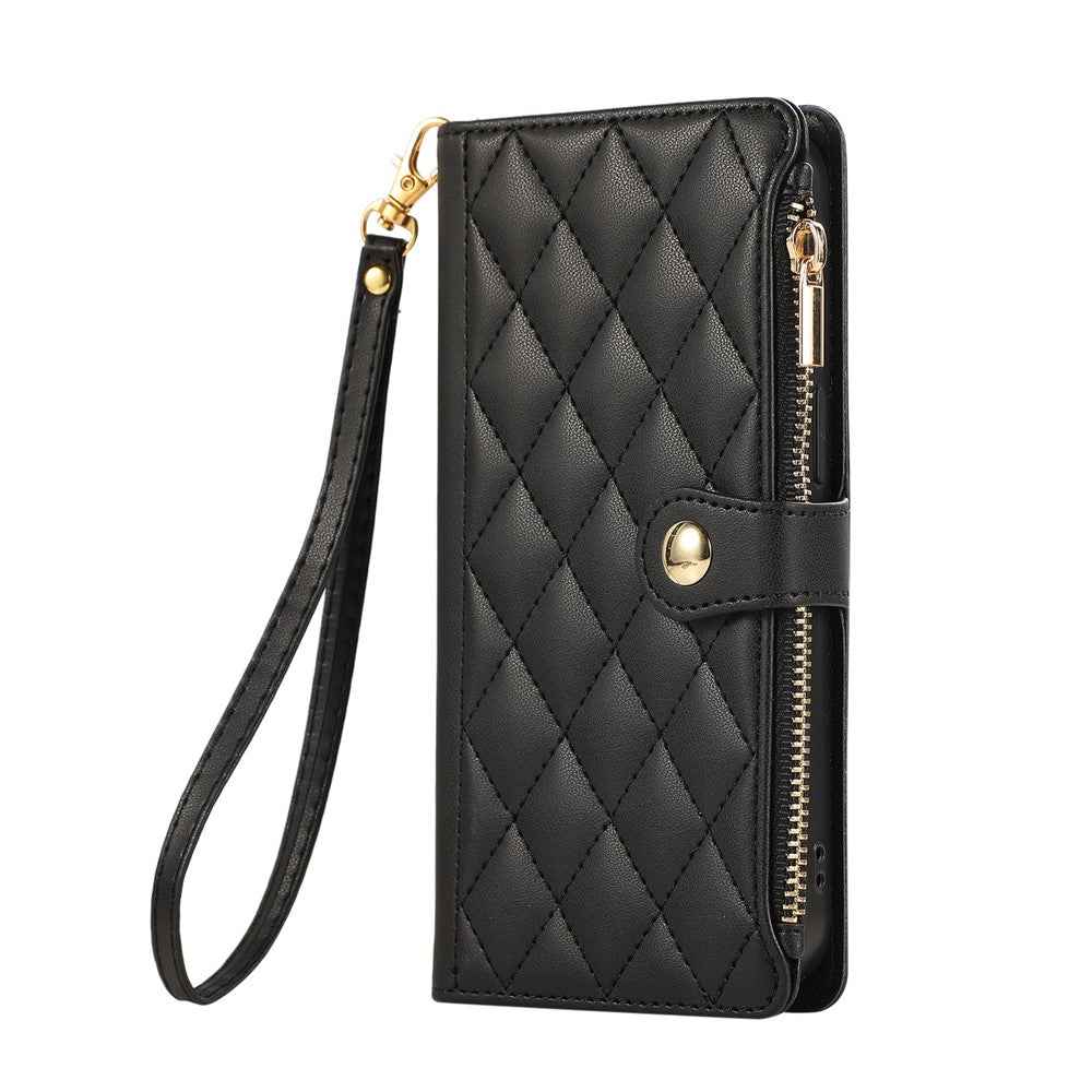For Samsung Galaxy A57 5G Case Multi Card Slots Zipper Rhombus Leather Phone Cover with Wrist Strap - Black