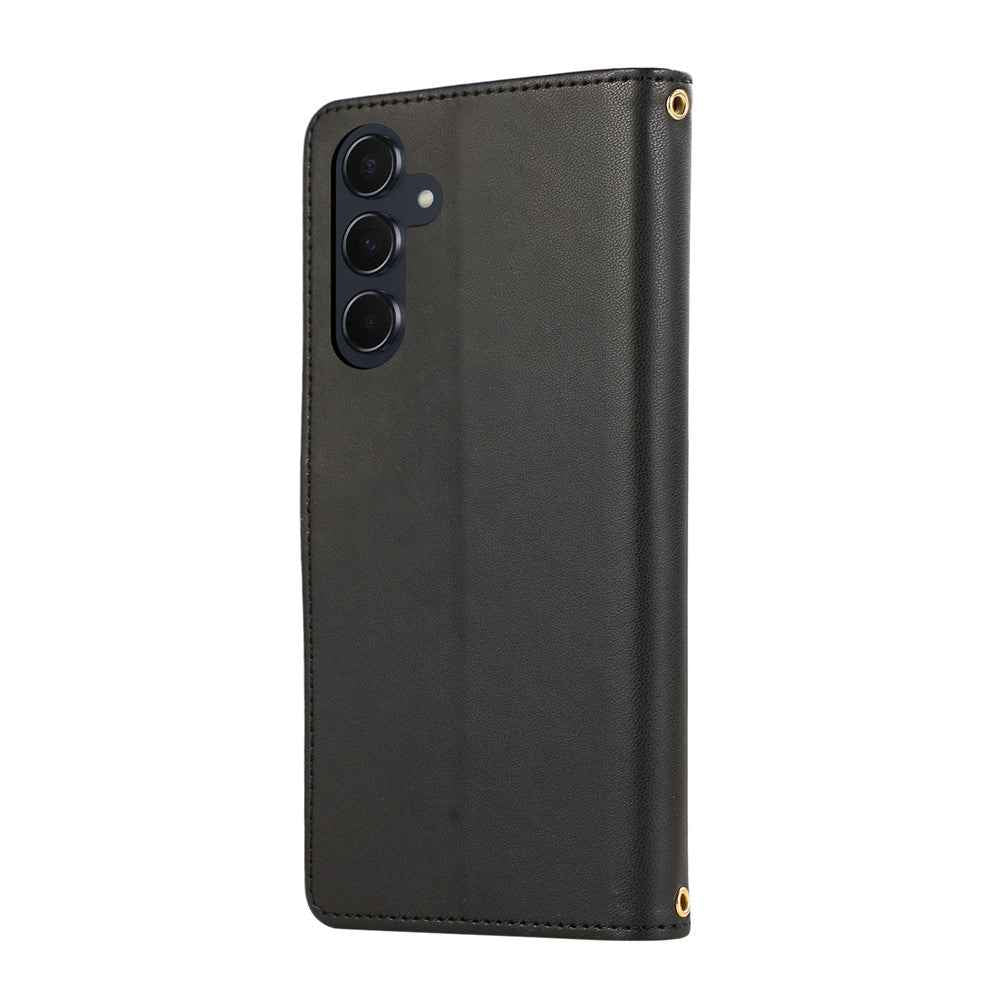 For Samsung Galaxy A57 5G Case Multi Card Slots Zipper Rhombus Leather Phone Cover with Wrist Strap - Black