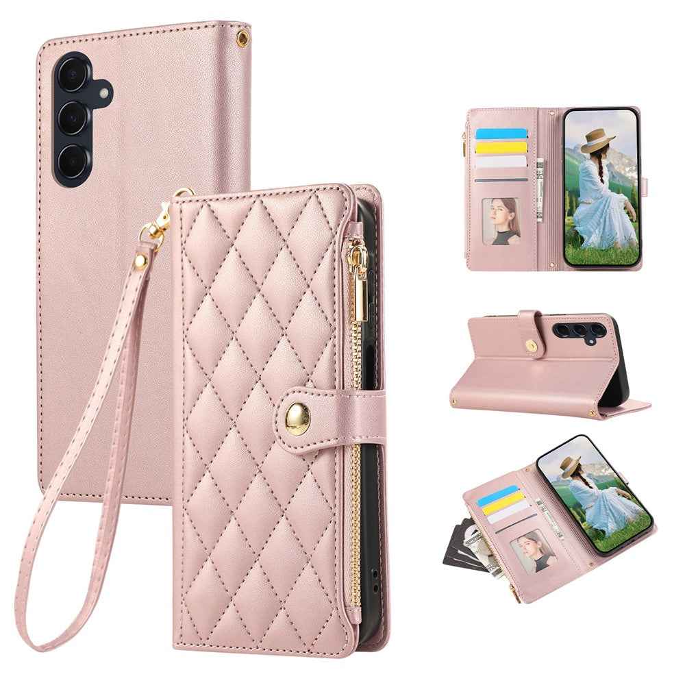 For Samsung Galaxy A57 5G Case Multi Card Slots Zipper Rhombus Leather Phone Cover with Wrist Strap - Rose Gold