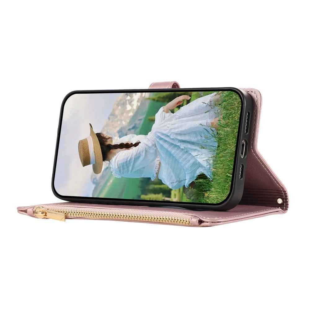 For Samsung Galaxy A57 5G Case Multi Card Slots Zipper Rhombus Leather Phone Cover with Wrist Strap - Rose Gold
