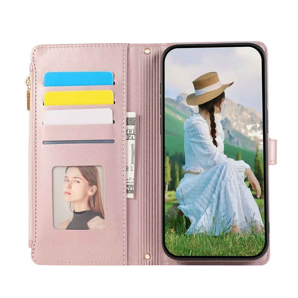 For Samsung Galaxy A57 5G Case Multi Card Slots Zipper Rhombus Leather Phone Cover with Wrist Strap - Rose Gold