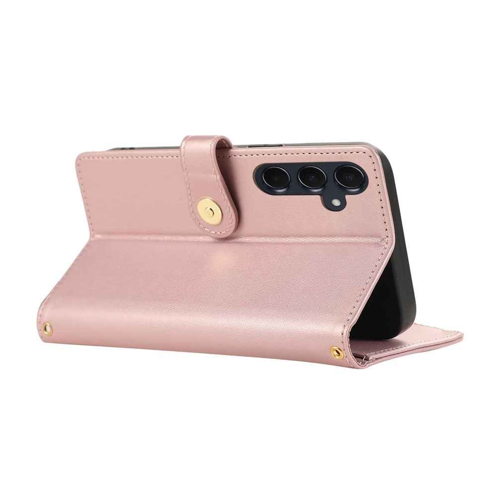 For Samsung Galaxy A57 5G Case Multi Card Slots Zipper Rhombus Leather Phone Cover with Wrist Strap - Rose Gold