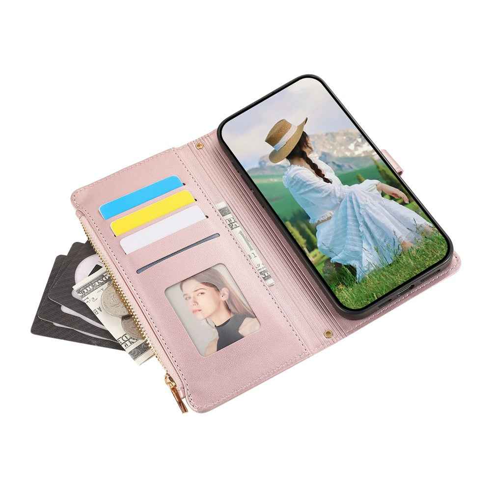 For Samsung Galaxy A57 5G Case Multi Card Slots Zipper Rhombus Leather Phone Cover with Wrist Strap - Rose Gold