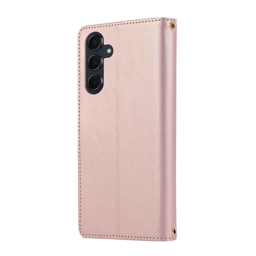 For Samsung Galaxy A57 5G Case Multi Card Slots Zipper Rhombus Leather Phone Cover with Wrist Strap - Rose Gold