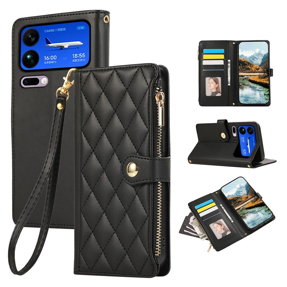 For Xiaomi 17 Pro Max Case Multi Card Slots Zipper Rhombus Leather Phone Cover with Wrist Strap - Black
