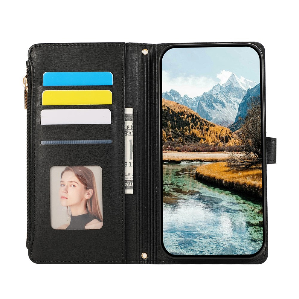 For Xiaomi 17 Pro Max Case Multi Card Slots Zipper Rhombus Leather Phone Cover with Wrist Strap - Black