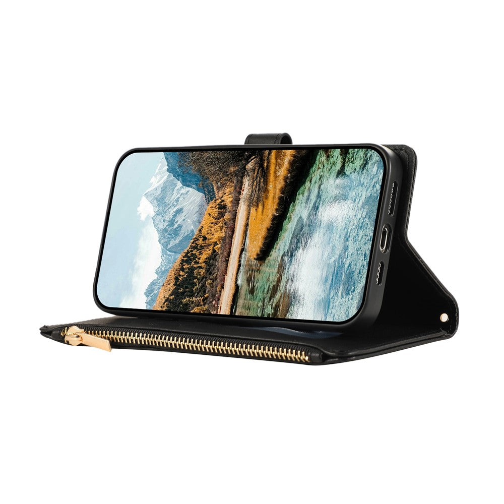 For Xiaomi 17 Pro Max Case Multi Card Slots Zipper Rhombus Leather Phone Cover with Wrist Strap - Black