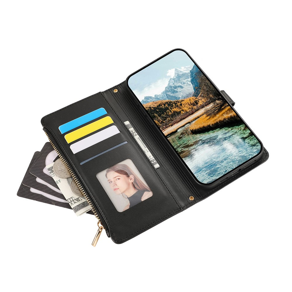 For Xiaomi 17 Pro Max Case Multi Card Slots Zipper Rhombus Leather Phone Cover with Wrist Strap - Black