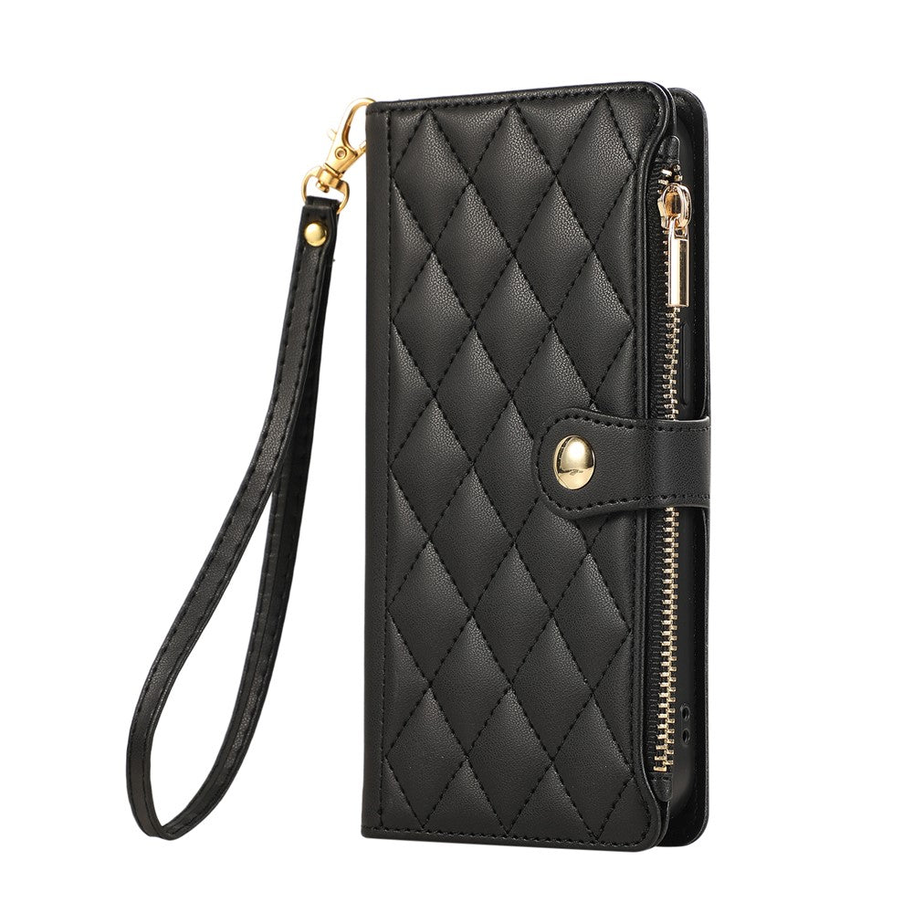 For Xiaomi 17 Pro Max Case Multi Card Slots Zipper Rhombus Leather Phone Cover with Wrist Strap - Black