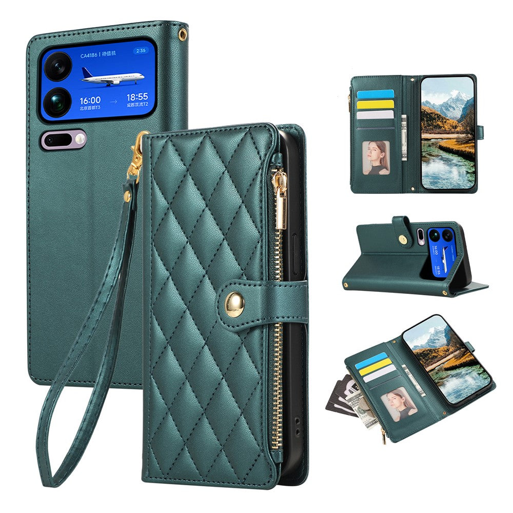 For Xiaomi 17 Pro Max Case Multi Card Slots Zipper Rhombus Leather Phone Cover with Wrist Strap - Green