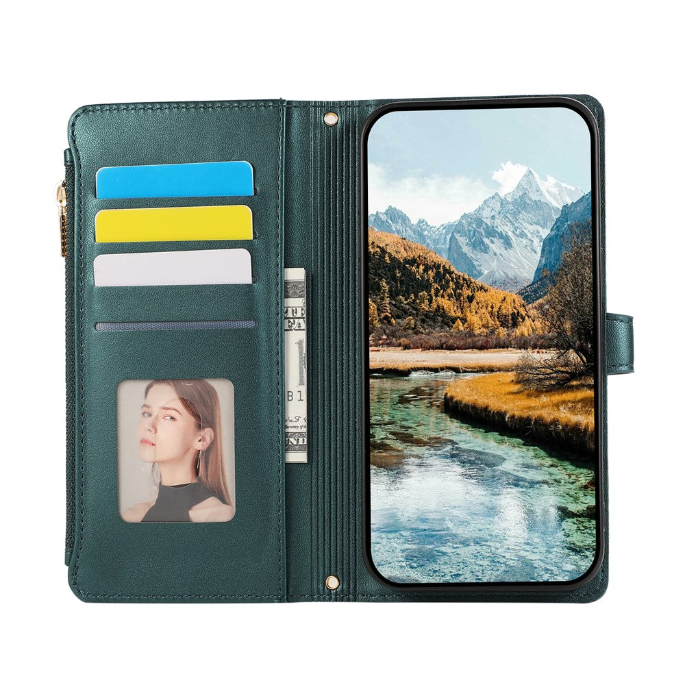 For Xiaomi 17 Pro Max Case Multi Card Slots Zipper Rhombus Leather Phone Cover with Wrist Strap - Green