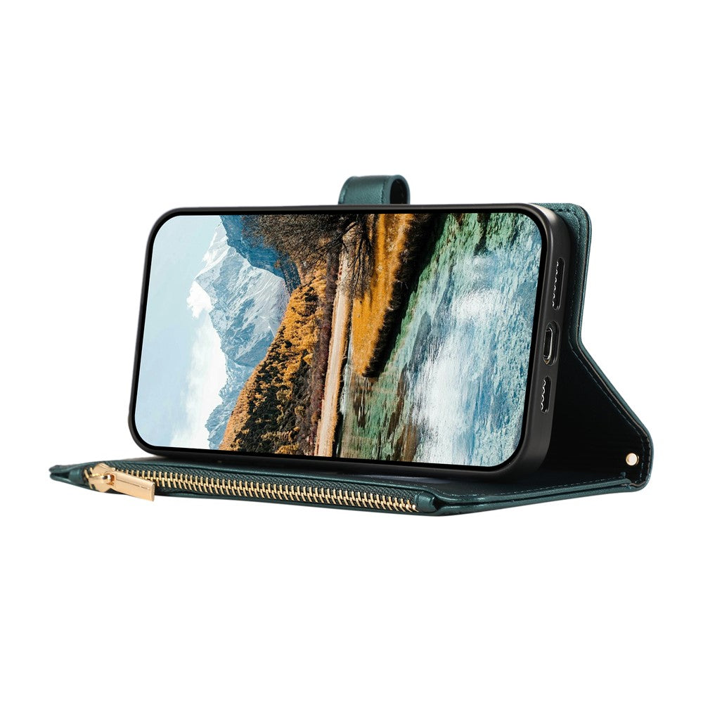 For Xiaomi 17 Pro Max Case Multi Card Slots Zipper Rhombus Leather Phone Cover with Wrist Strap - Green