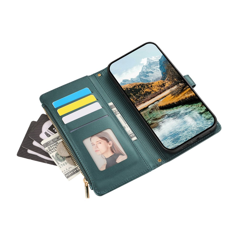For Xiaomi 17 Pro Max Case Multi Card Slots Zipper Rhombus Leather Phone Cover with Wrist Strap - Green