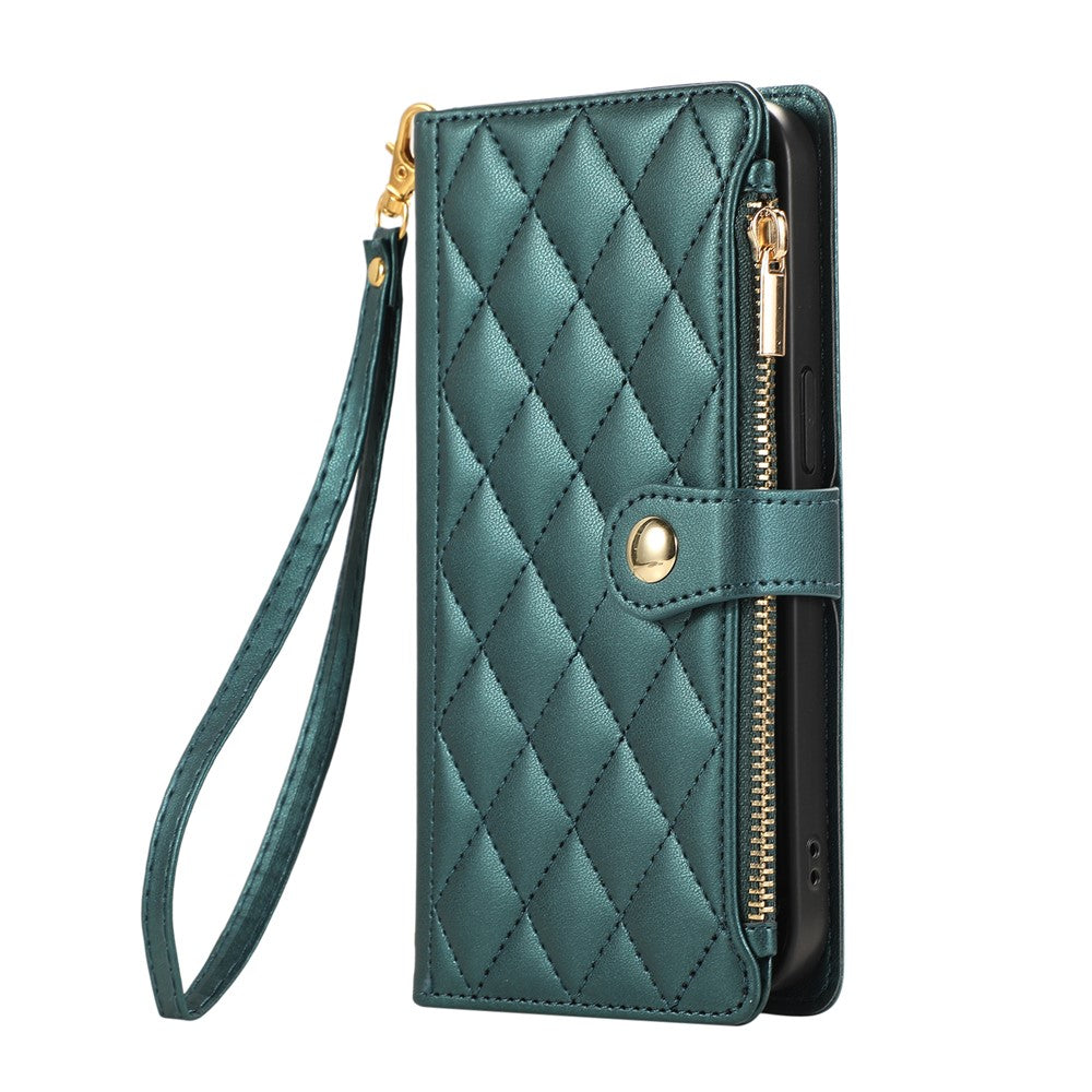 For Xiaomi 17 Pro Max Case Multi Card Slots Zipper Rhombus Leather Phone Cover with Wrist Strap - Green