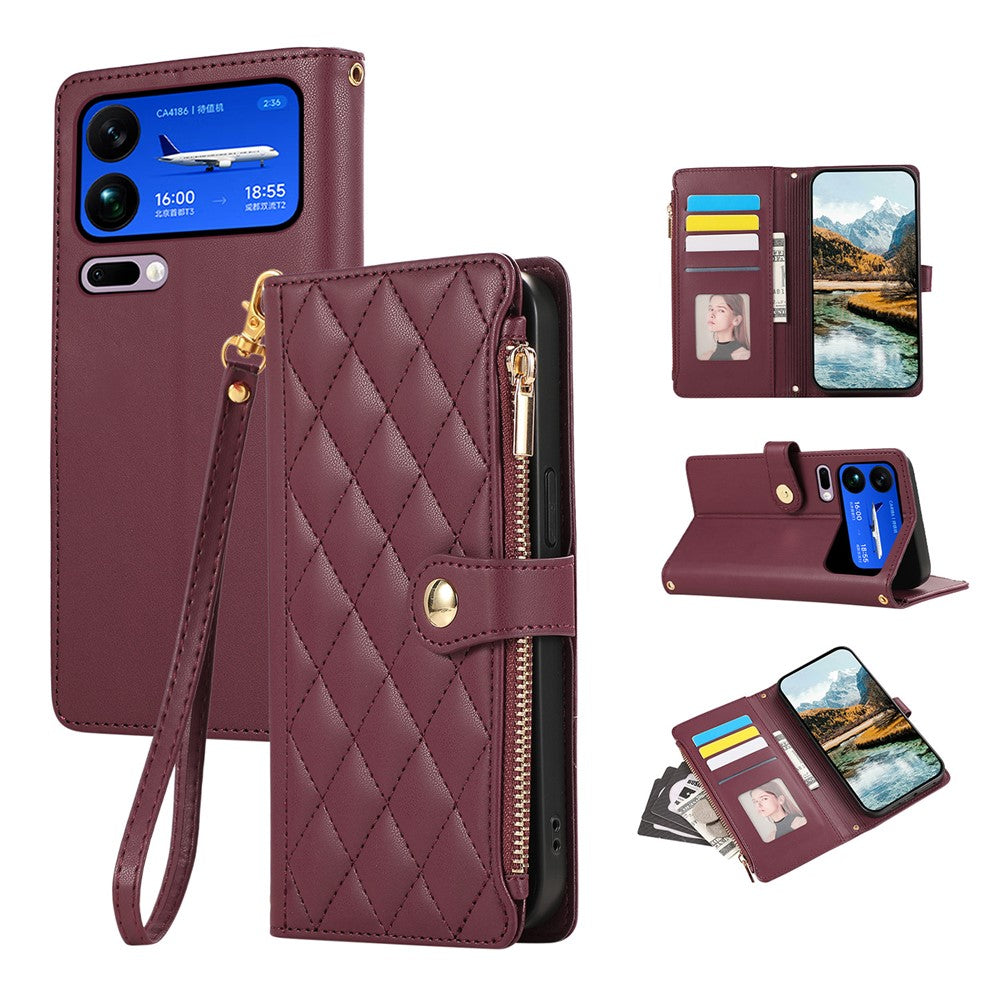 For Xiaomi 17 Pro Max Case Multi Card Slots Zipper Rhombus Leather Phone Cover with Wrist Strap - Wine Red