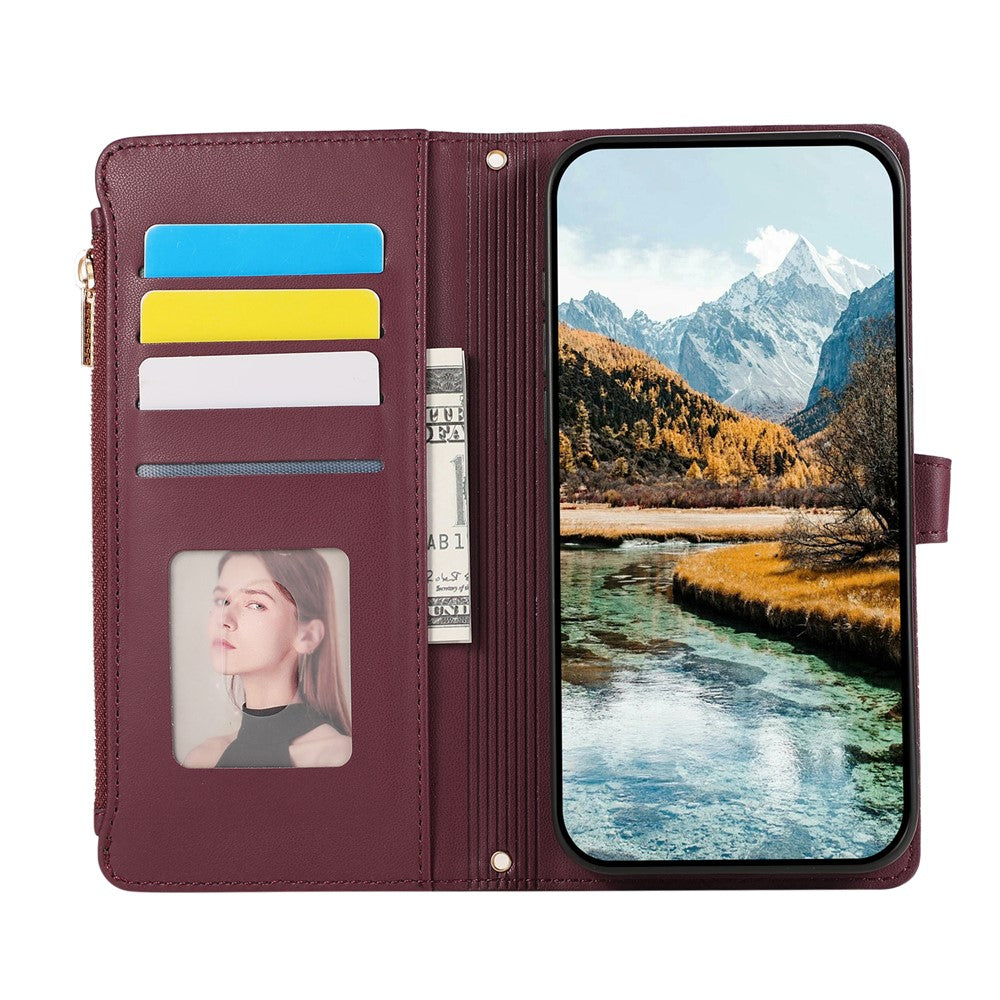 For Xiaomi 17 Pro Max Case Multi Card Slots Zipper Rhombus Leather Phone Cover with Wrist Strap - Wine Red